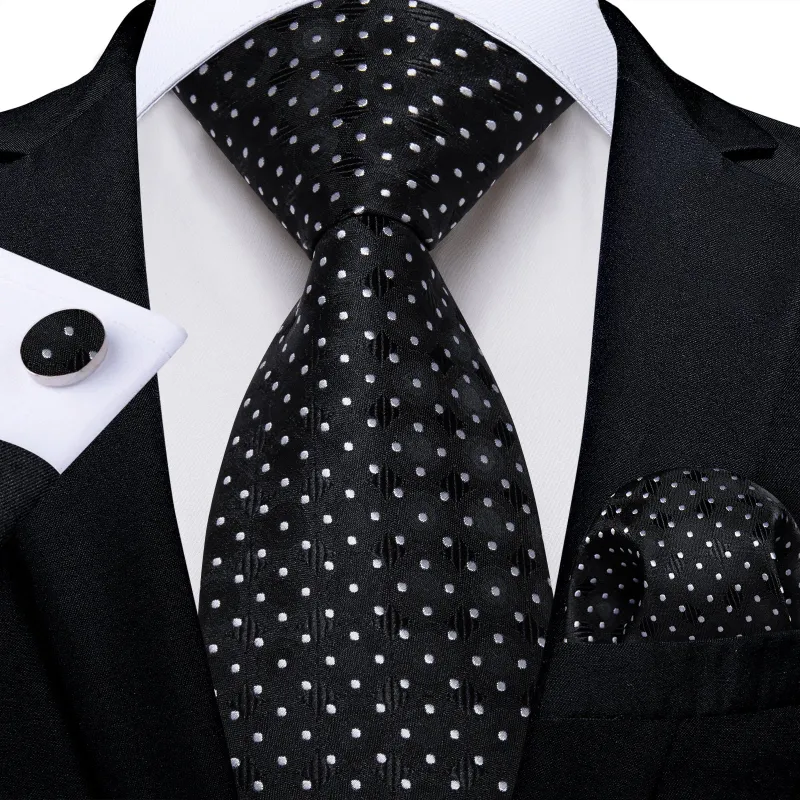 Black White Polka Dot Men's Necktie Pocket Square Cufflinks Set sold by Ties2You