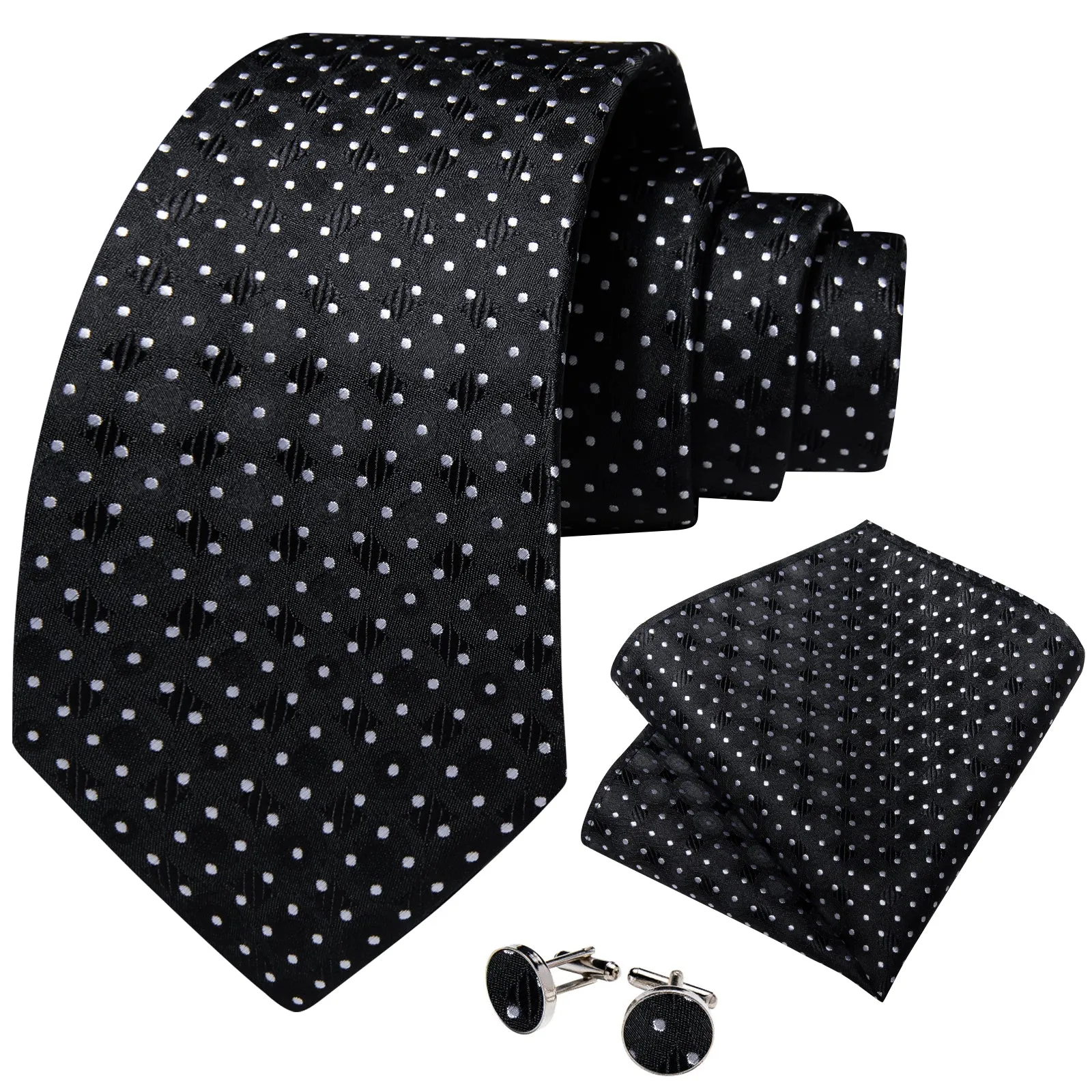 Black White Polka Dot Men's Necktie Pocket Square Cufflinks Set sold by Ties2You product image thumbnail 2