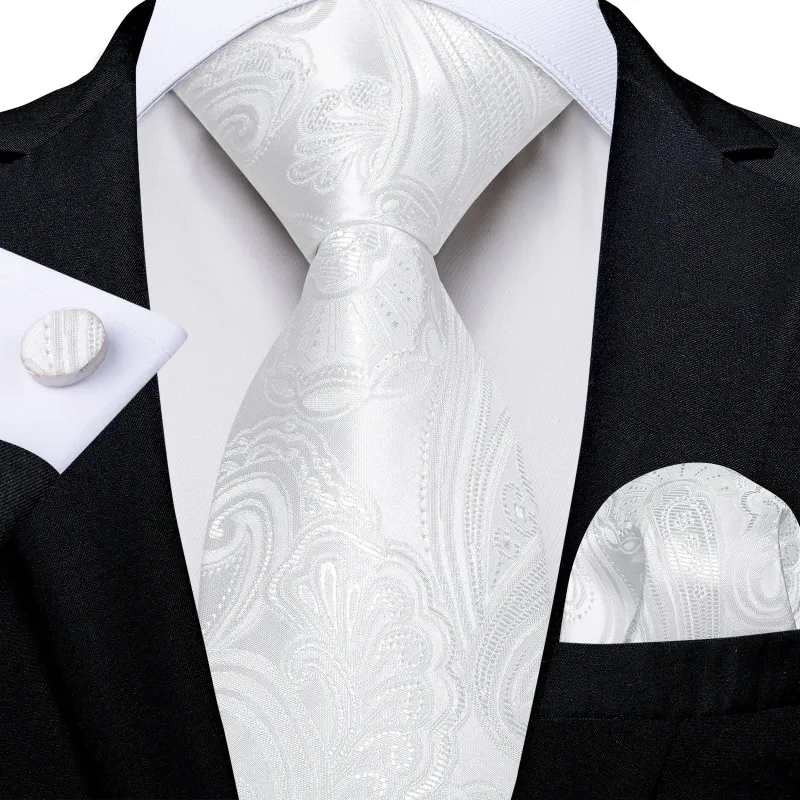 White Paisley Men's Necktie Pocket Square Cufflinks Set sold by Ties2You
