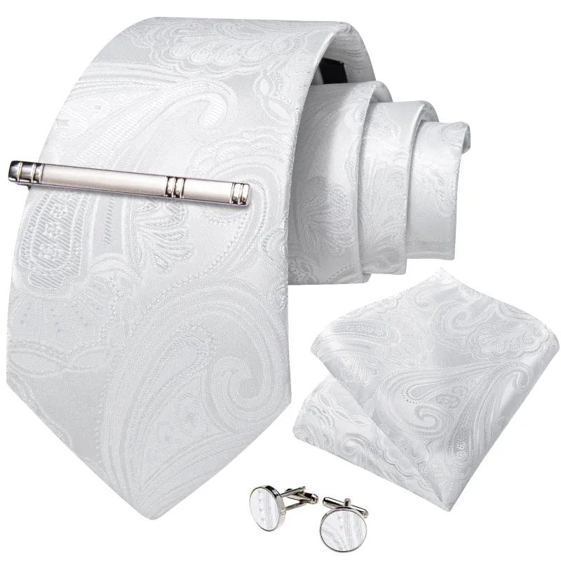 White Paisley Silk Men's Necktie Pocket Square Cufflinks Set with Clip sold by Ties2You