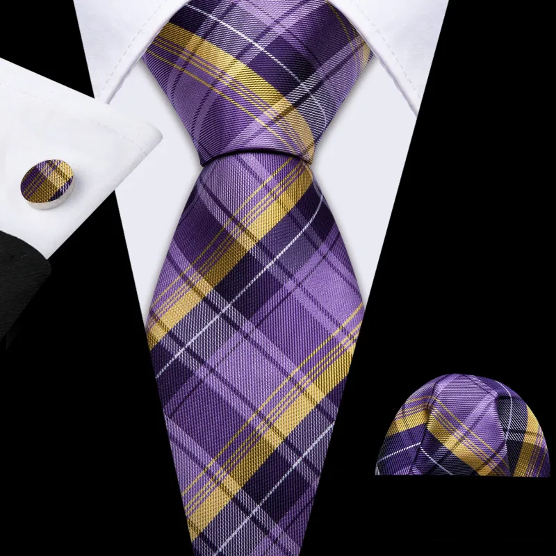 Purple Yellow White Black Plaid Men's Necktie Pocket Square Cufflinks Set sold by Ties2You