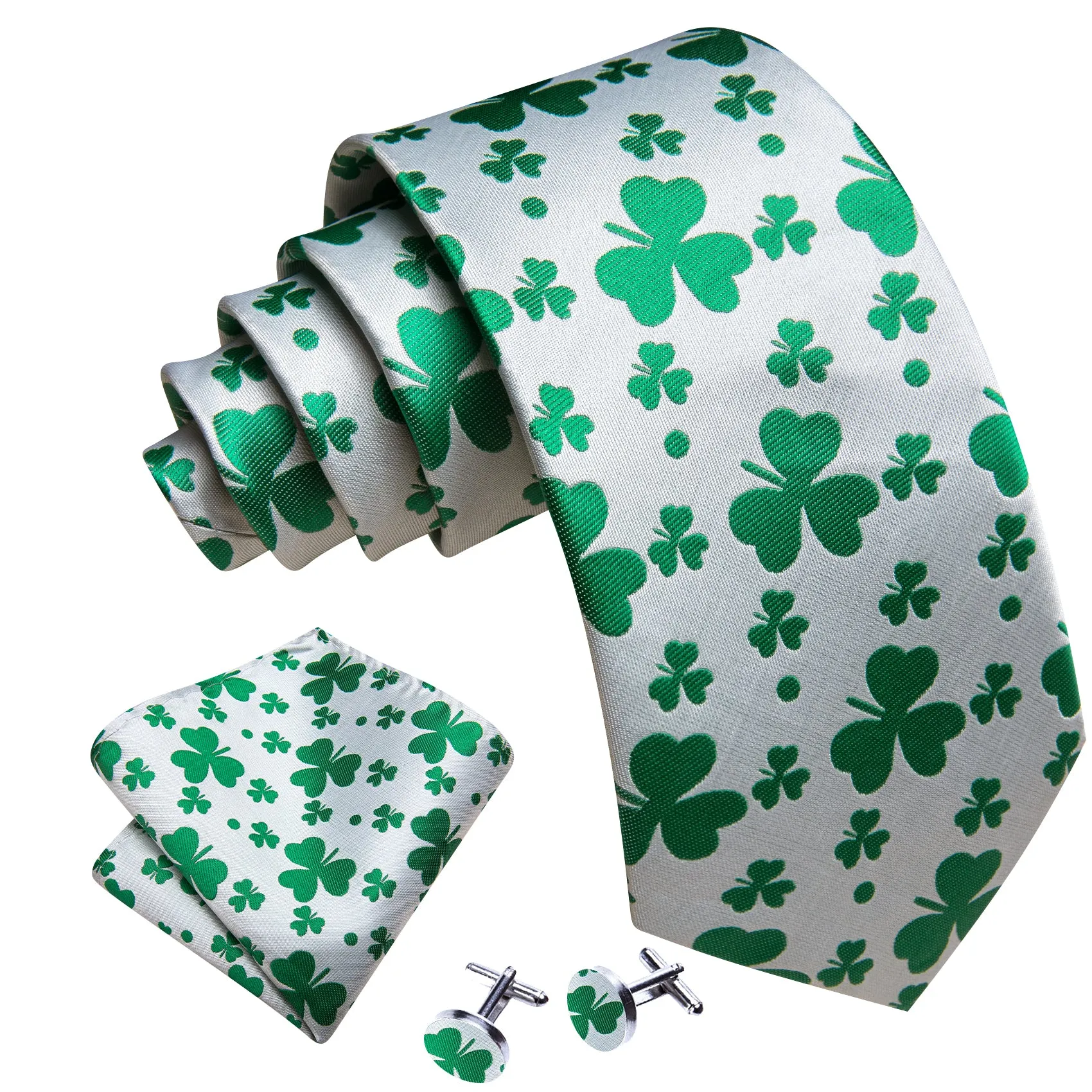 White Green Clover Botanical Men's Necktie Pocket Square Cufflinks Set sold by Ties2You product image thumbnail 2