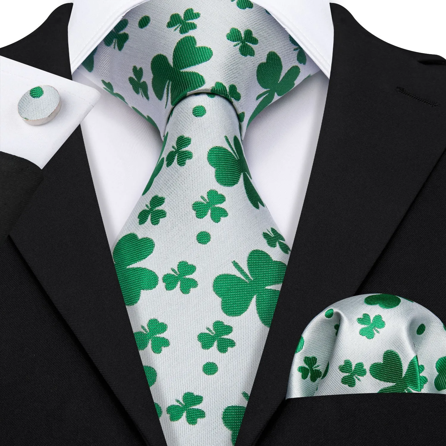 White Green Clover Botanical Men's Necktie Pocket Square Cufflinks Set sold by Ties2You product image thumbnail 3