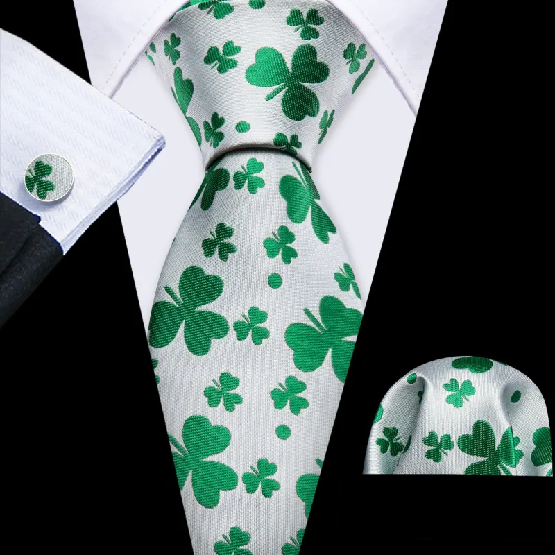 White Green Clover Botanical Men's Necktie Pocket Square Cufflinks Set made by Ties2You