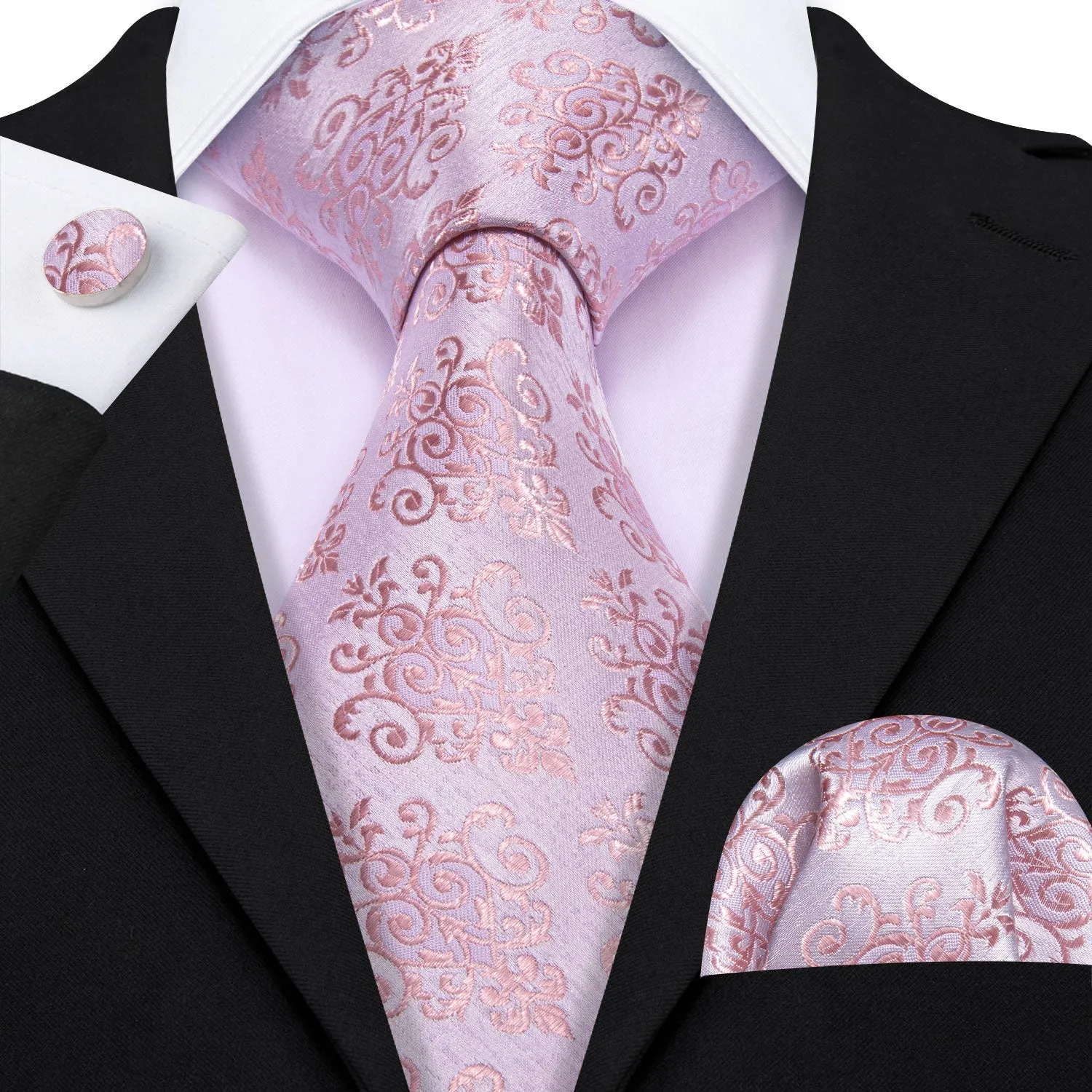 Mist Pink Floral Men's Necktie Pocket Square Cufflinks Set sold by Ties2You product image thumbnail 2