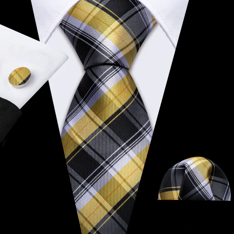 Grey Yellow White Plaid Men's Necktie Pocket Square Cufflinks Set sold by Ties2You