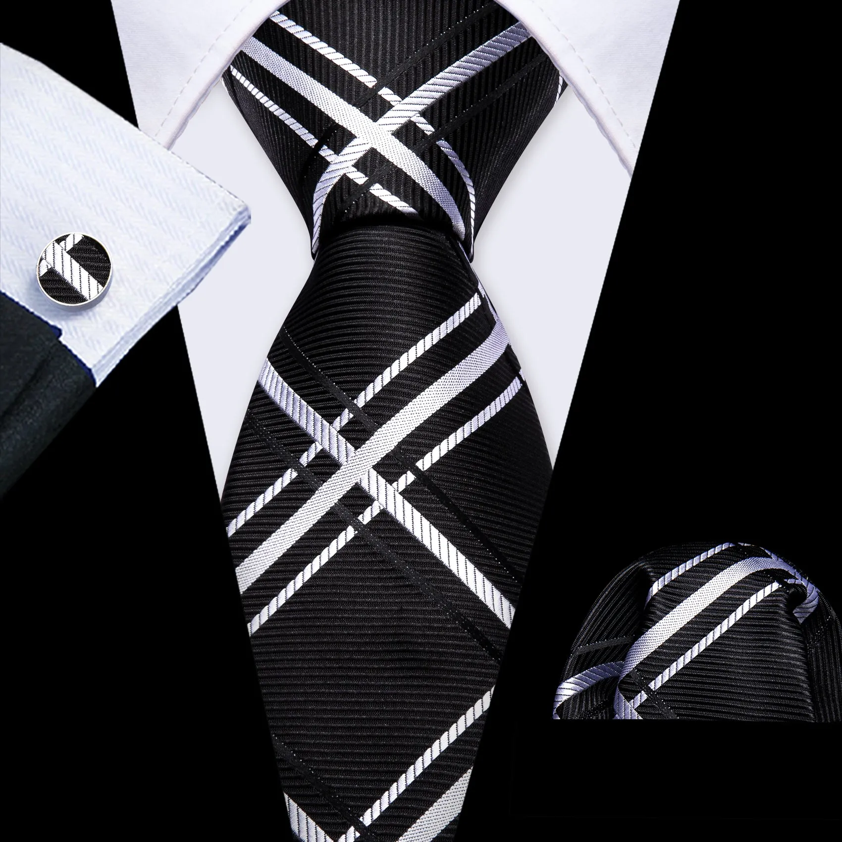 Black White Plaid Men's Necktie Pocket Square Cufflinks Set sold by Ties2You