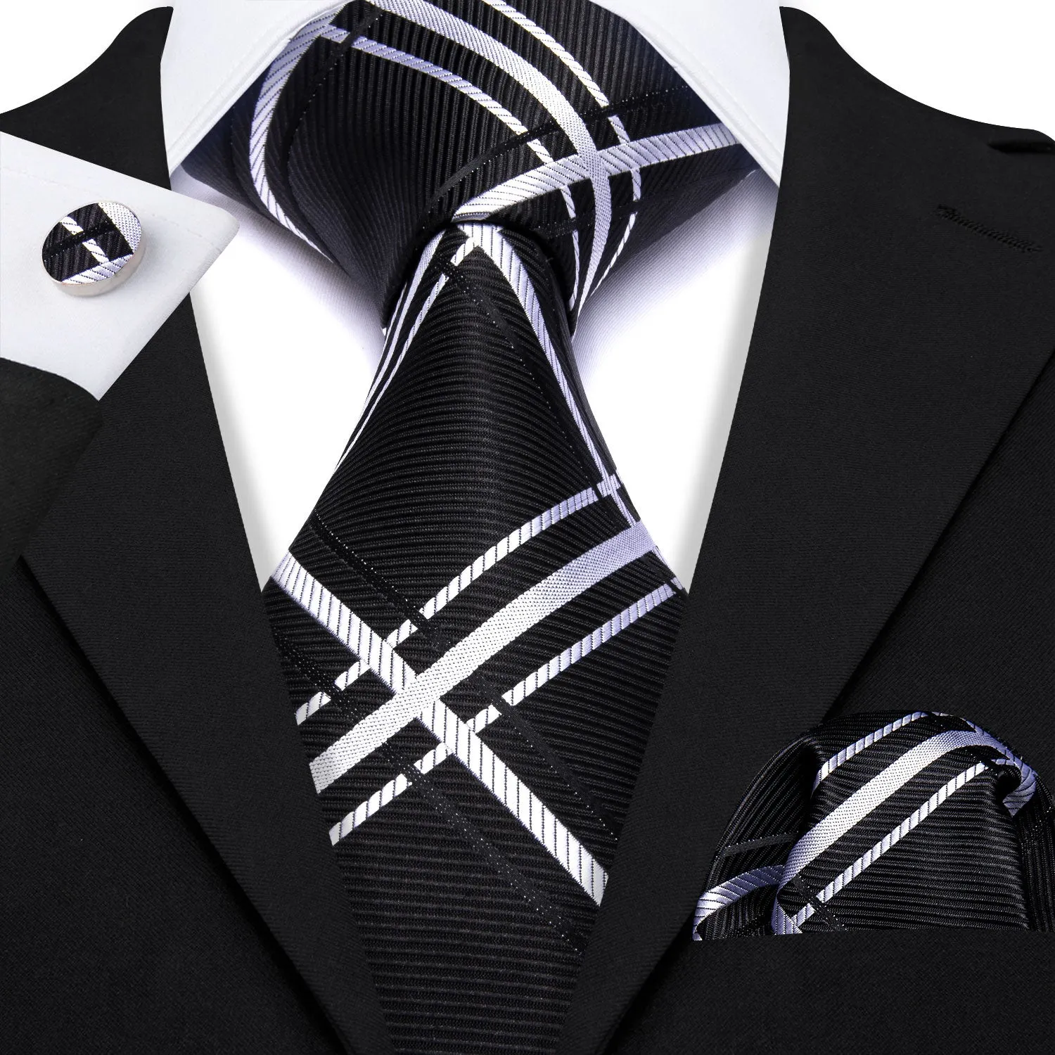 Black White Plaid Men's Necktie Pocket Square Cufflinks Set sold by Ties2You product image thumbnail 3