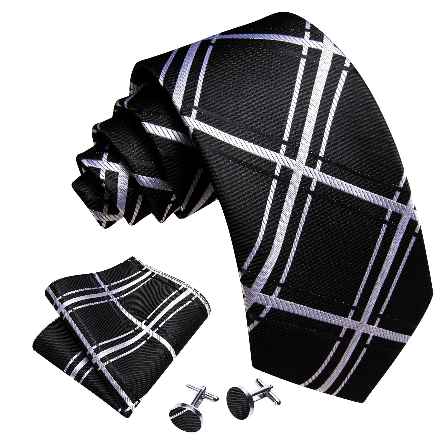 Black White Plaid Men's Necktie Pocket Square Cufflinks Set sold by Ties2You product image thumbnail 2