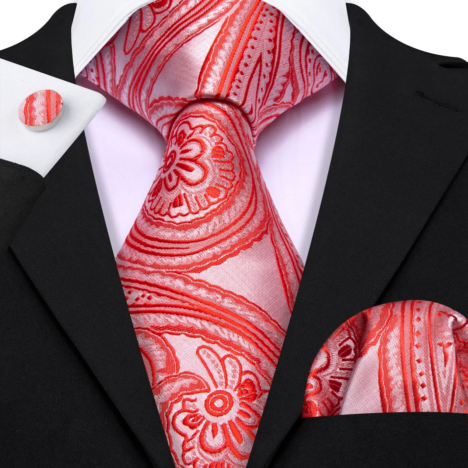 Strong Red Pink Paisley Men's Necktie Pocket Square Cufflinks Set sold by Ties2You product image thumbnail 3