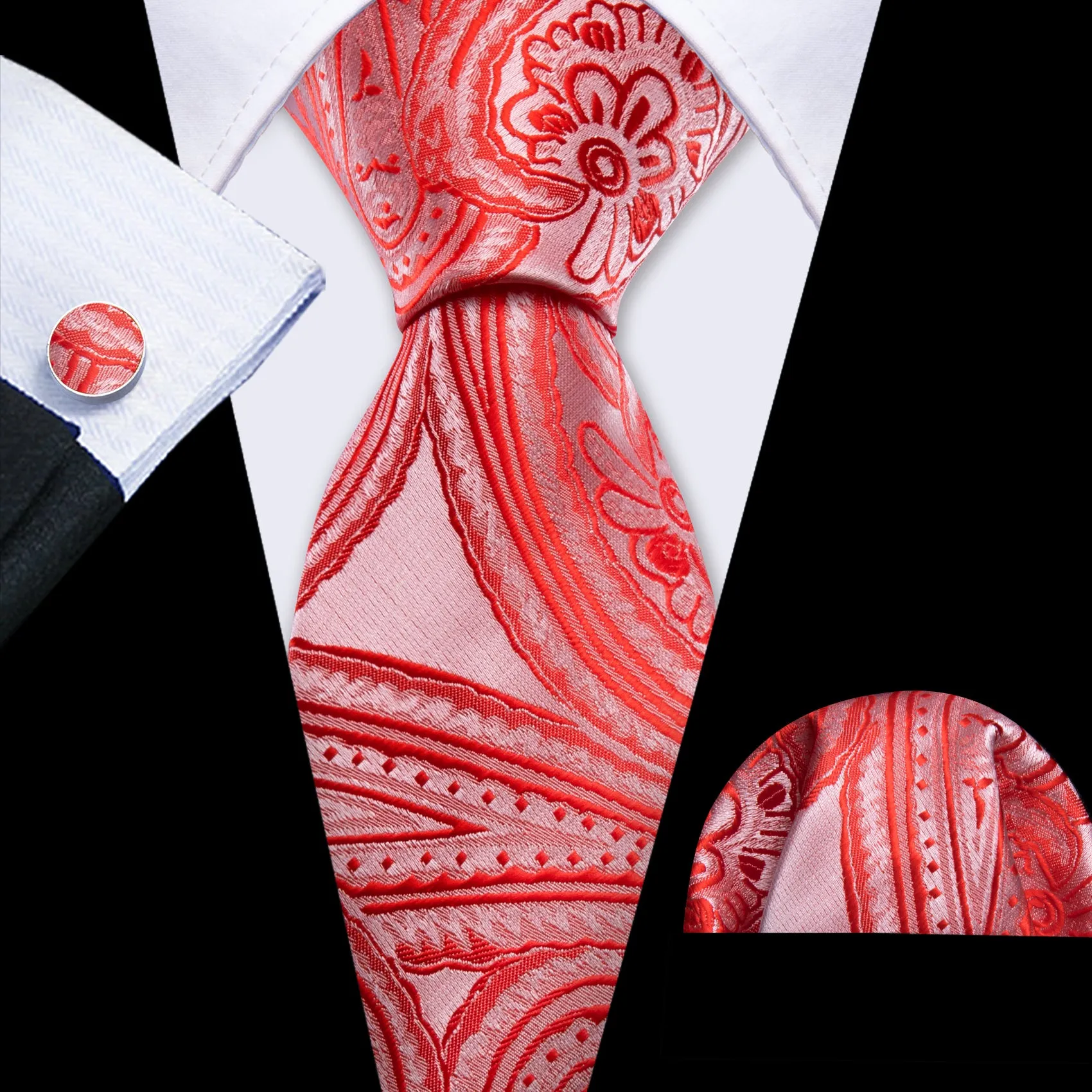 Strong Red Pink Paisley Men's Necktie Pocket Square Cufflinks Set sold by Ties2You
