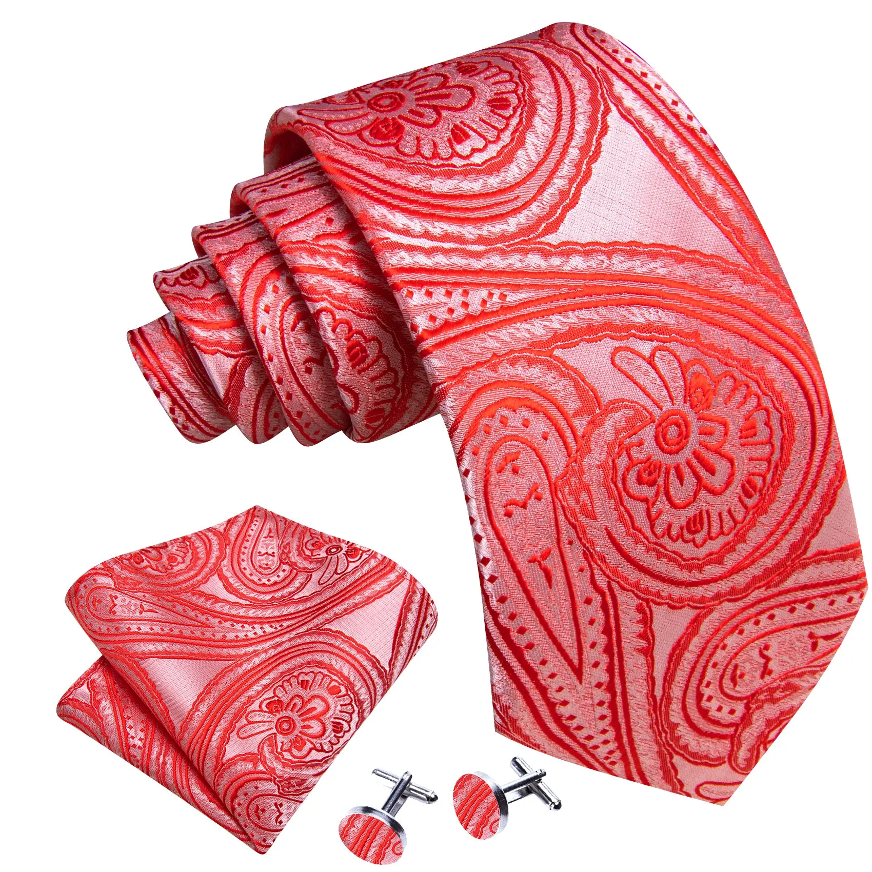 Strong Red Pink Paisley Men's Necktie Pocket Square Cufflinks Set sold by Ties2You product image thumbnail 2