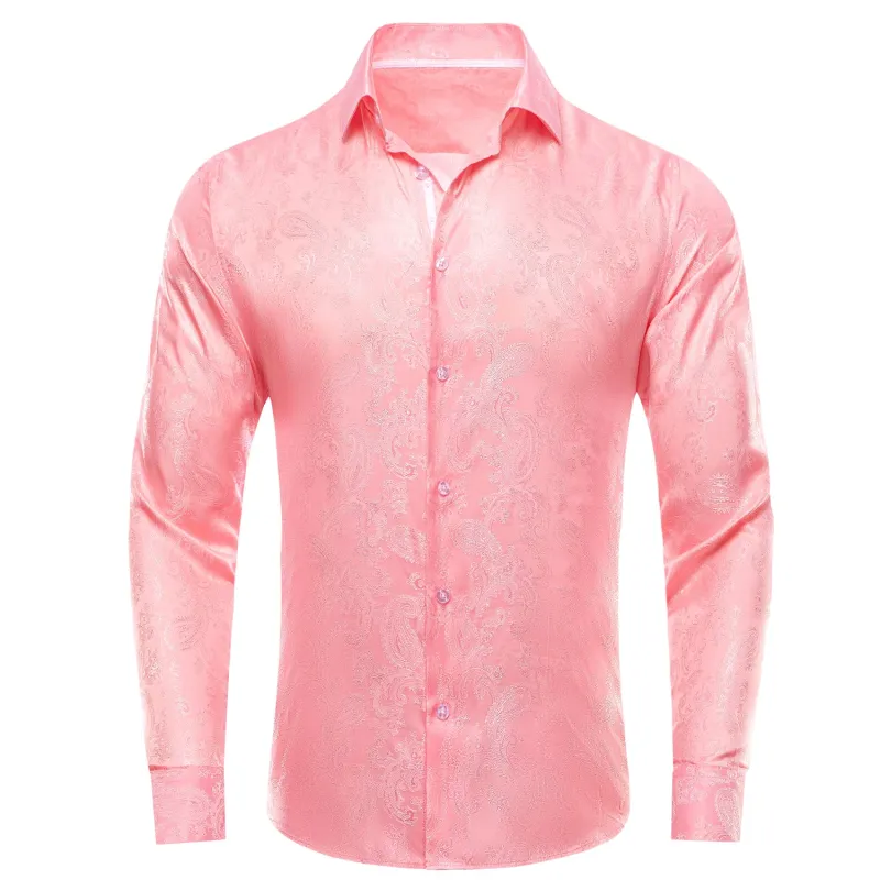 Coral Pink Solid Satin Men's Long Sleeve Shirt sold by Ties2You