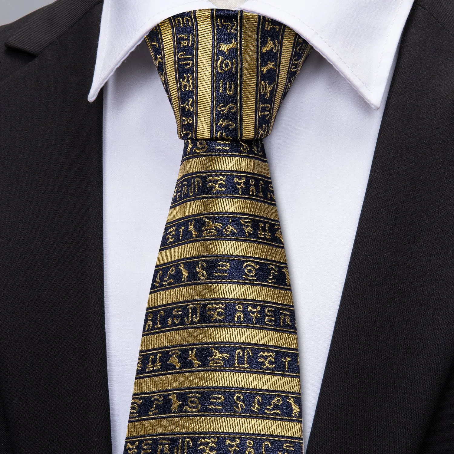 Dark Blue Yellow Striped Men's Necktie Pocket Square Cufflinks Set sold by Ties2You product image thumbnail 4