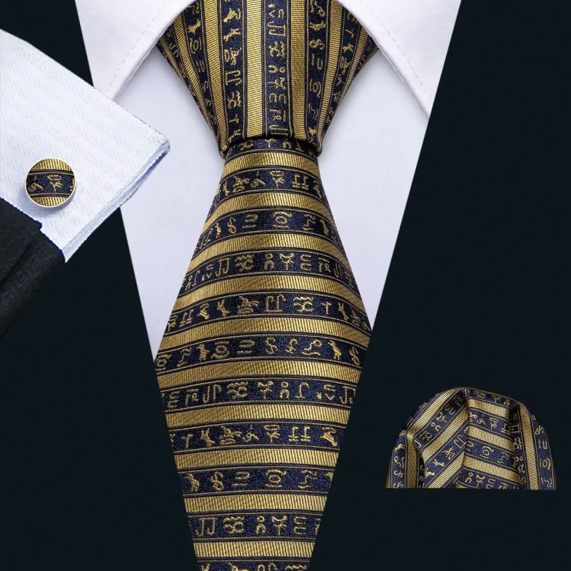 Dark Blue Yellow Striped Men's Necktie Pocket Square Cufflinks Set sold by Ties2You