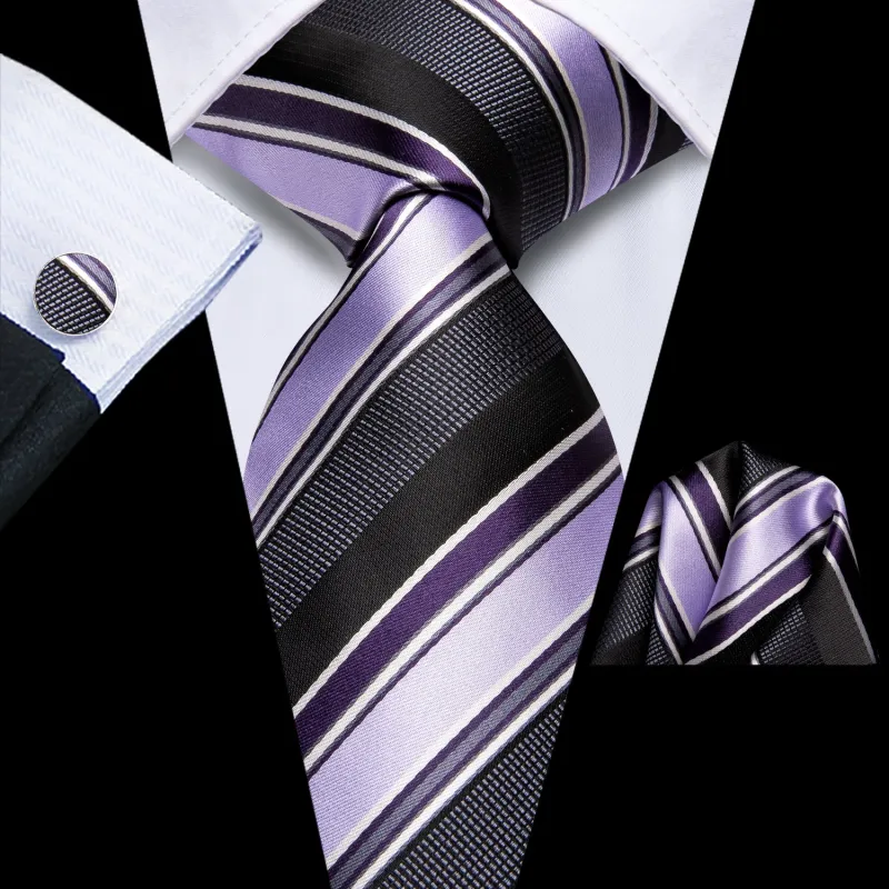 Black Purple Striped Men's Necktie Pocket Square Cufflinks Set sold by Ties2You