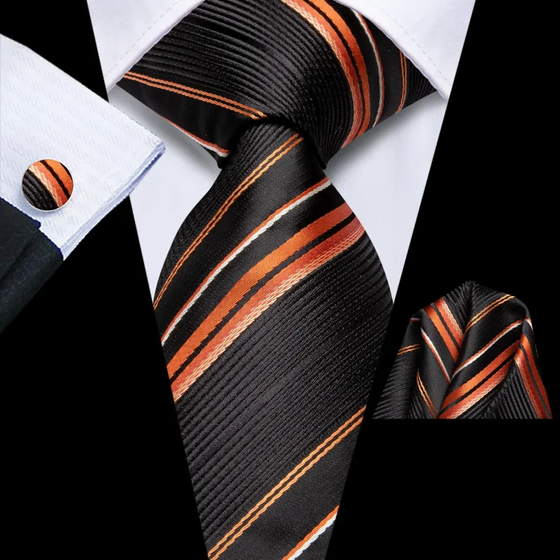Black Orange Striped Men's Necktie Pocket Square Cufflinks Set sold by Ties2You