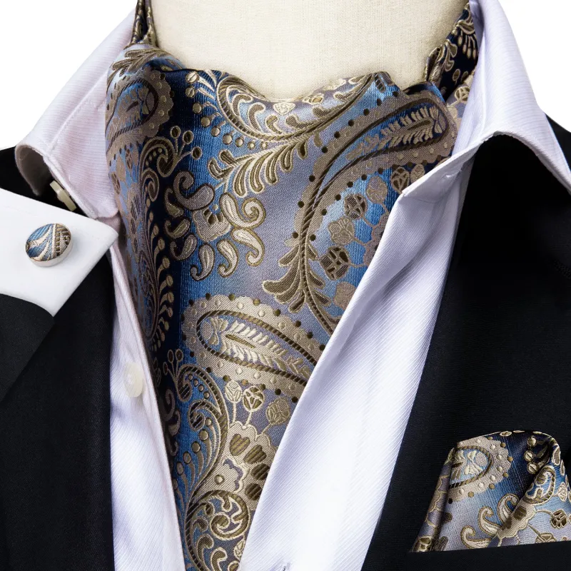 Silver Blue Shinning Paisley Silk Ascot Cravat Pocket Square Cufflinks Set sold by Ties2You