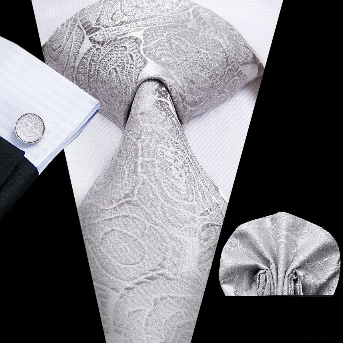 Silver Grey Floral Tie Pocket Square Cufflinks Set sold by Ties2You product image thumbnail 2