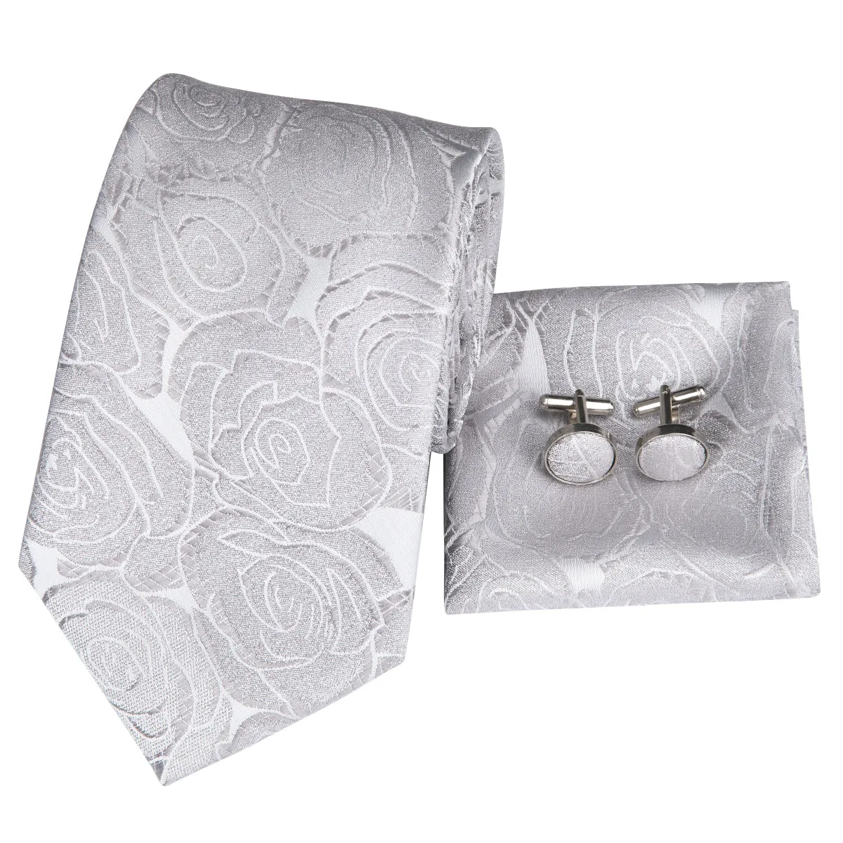 Silver Grey Floral Tie Pocket Square Cufflinks Set sold by Ties2You product image thumbnail 4