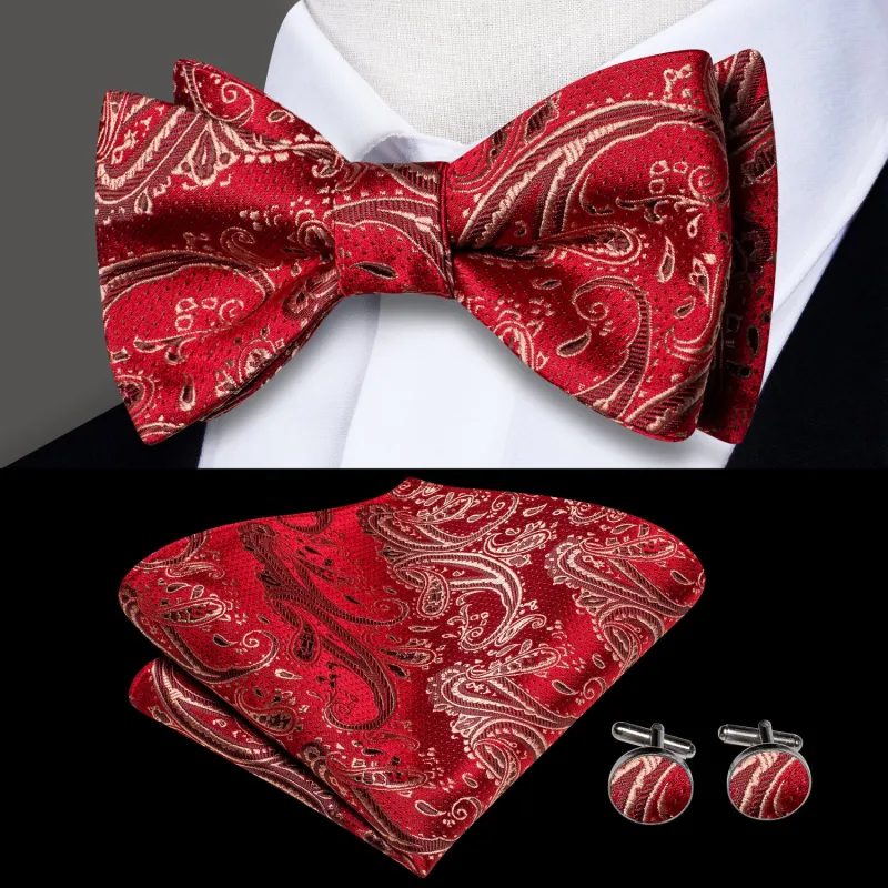 Red Champagne Paisley Self-tied Bow Tie Pocket Square Cufflinks Set sold by Ties2You
