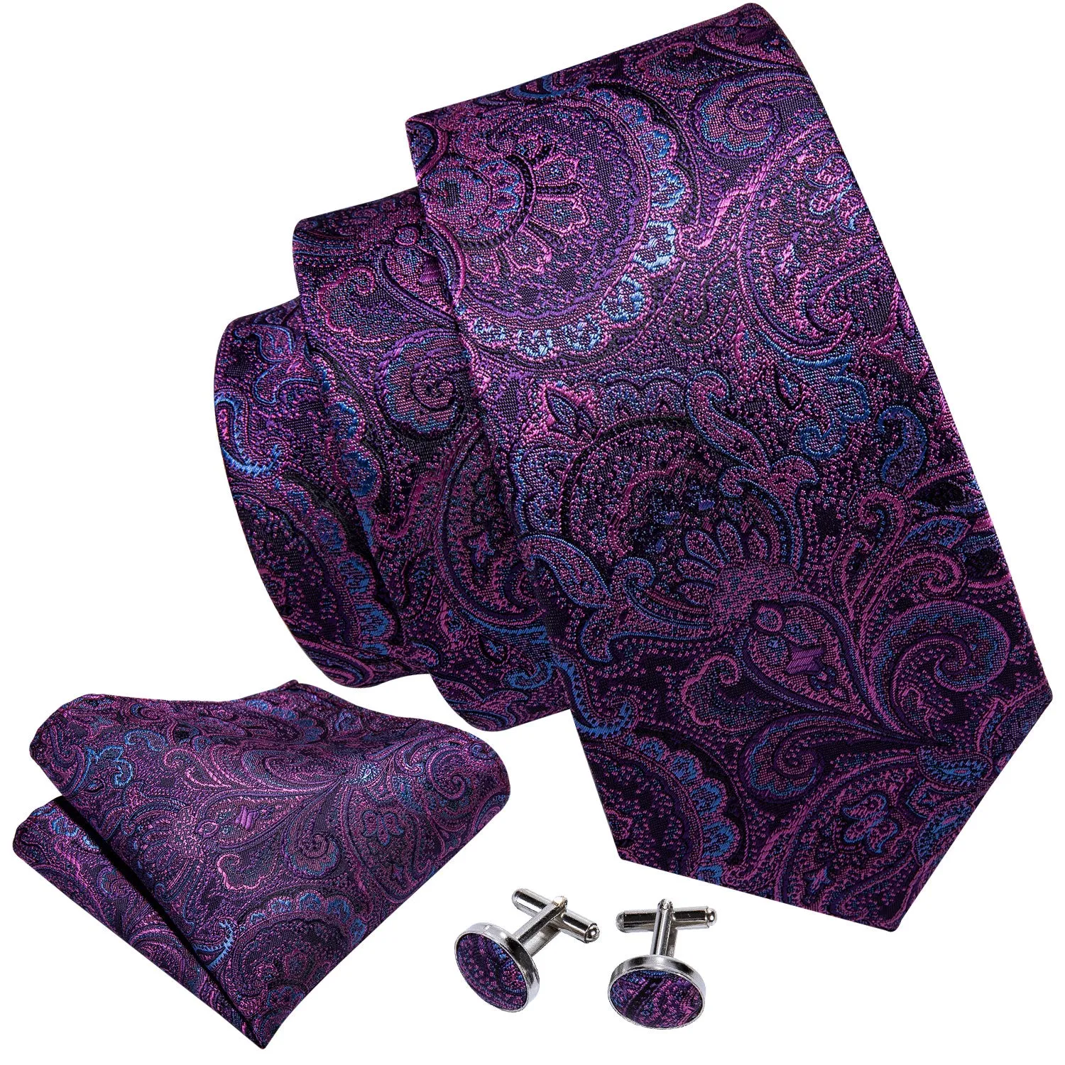 Purple Blue Paisley Men's Necktie Pocket Square Cufflinks Set 8cm sold by Ties2You product image thumbnail 5