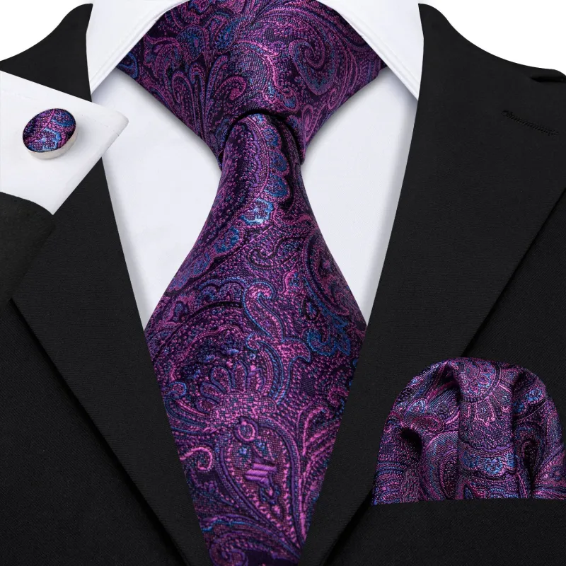 Purple Blue Paisley Men's Necktie Pocket Square Cufflinks Set 8cm sold by Ties2You
