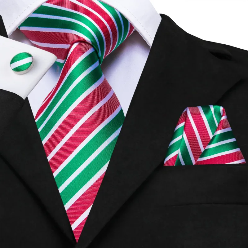 Light Green Red Striped Men's Tie Handkerchief Cufflinks Set sold by Ties2You
