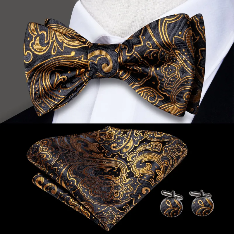 Black Golden Paisley Self-tied Bow Tie Pocket Square Cufflinks Set sold by Ties2You