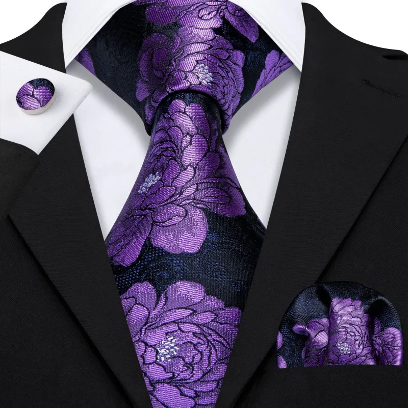 Black Purple Peony Floral Men's Tie Handkerchief Cufflinks Set sold by Ties2You