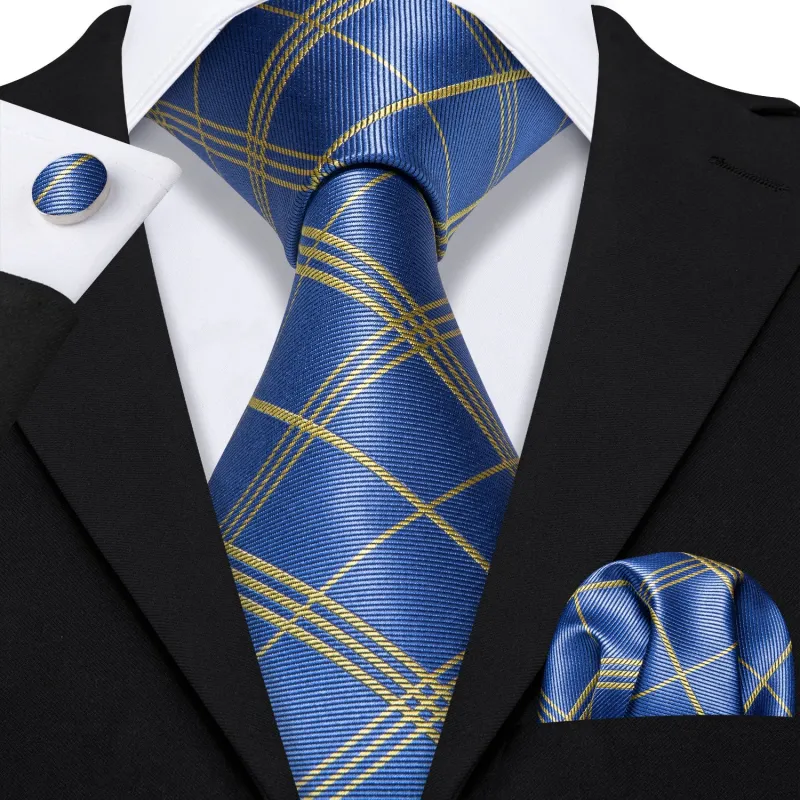 Sky Blue Plaid Men's Tie Handkerchief Cufflinks Set sold by Ties2You