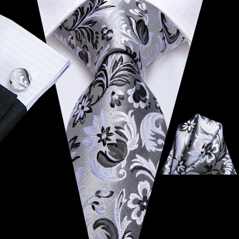 Grey White Floral Tie Pocket Square Cufflinks Set sold by Ties2You