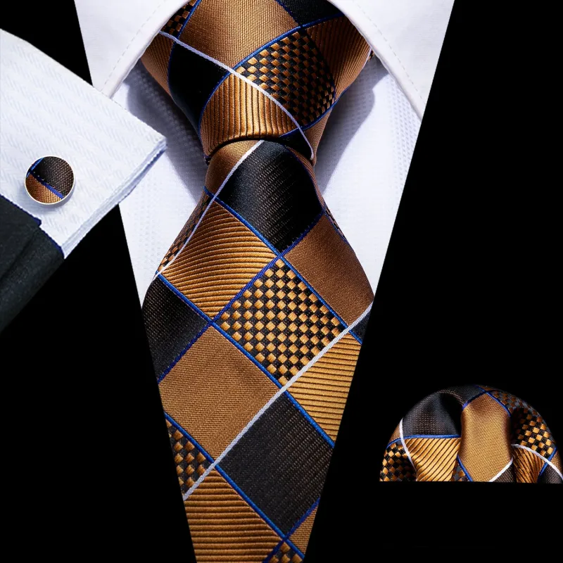 Golden Black Brown Plaid Necktie Pocket Square Cufflinks Set sold by Ties2You