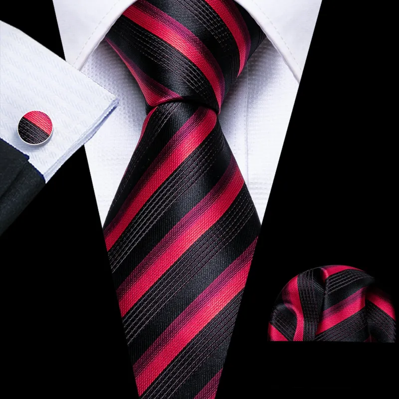 Red Black Striped Men's Silk Tie Handkerchief Cufflinks Set sold by Ties2You