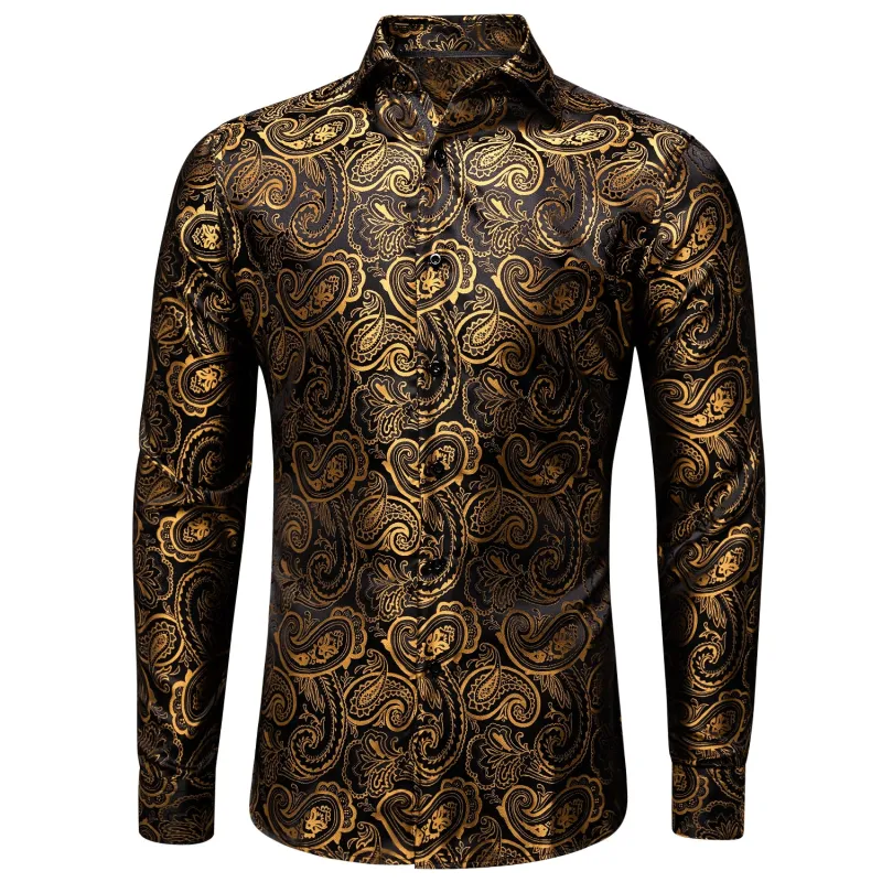 Luxury Golden Black Paisley Pattern Silk Men's Long Sleeve Shirt sold by Ties2You