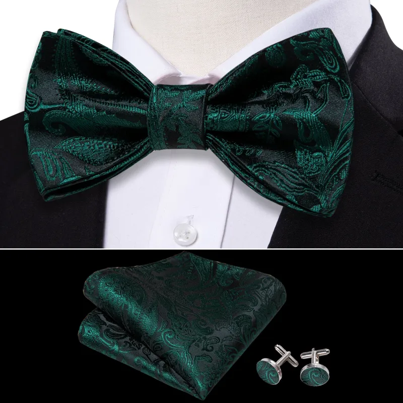 Black Green Paisley Self-tied Bow Tie Pocket Square Cufflinks Set sold by Ties2You