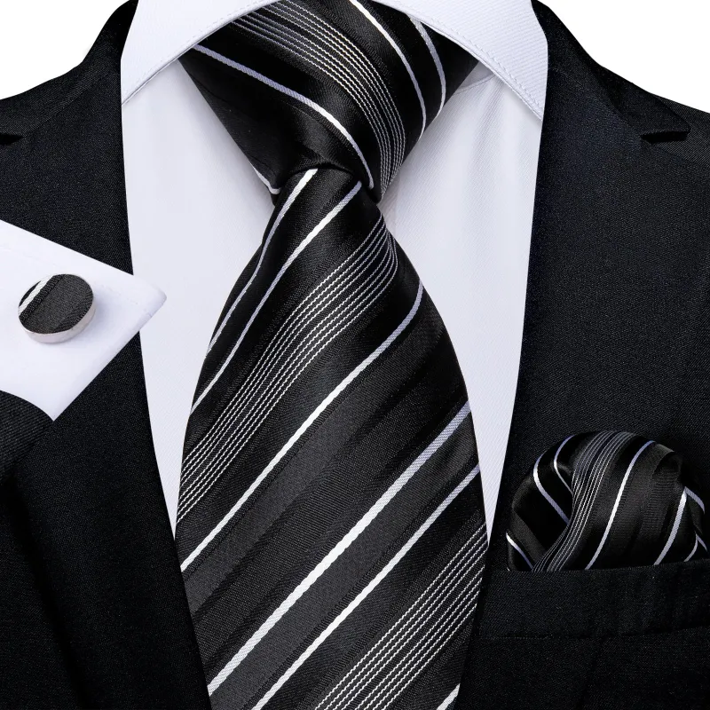 Black White Striped Silk Fabric Tie Hanky Cufflinks Set sold by Ties2You