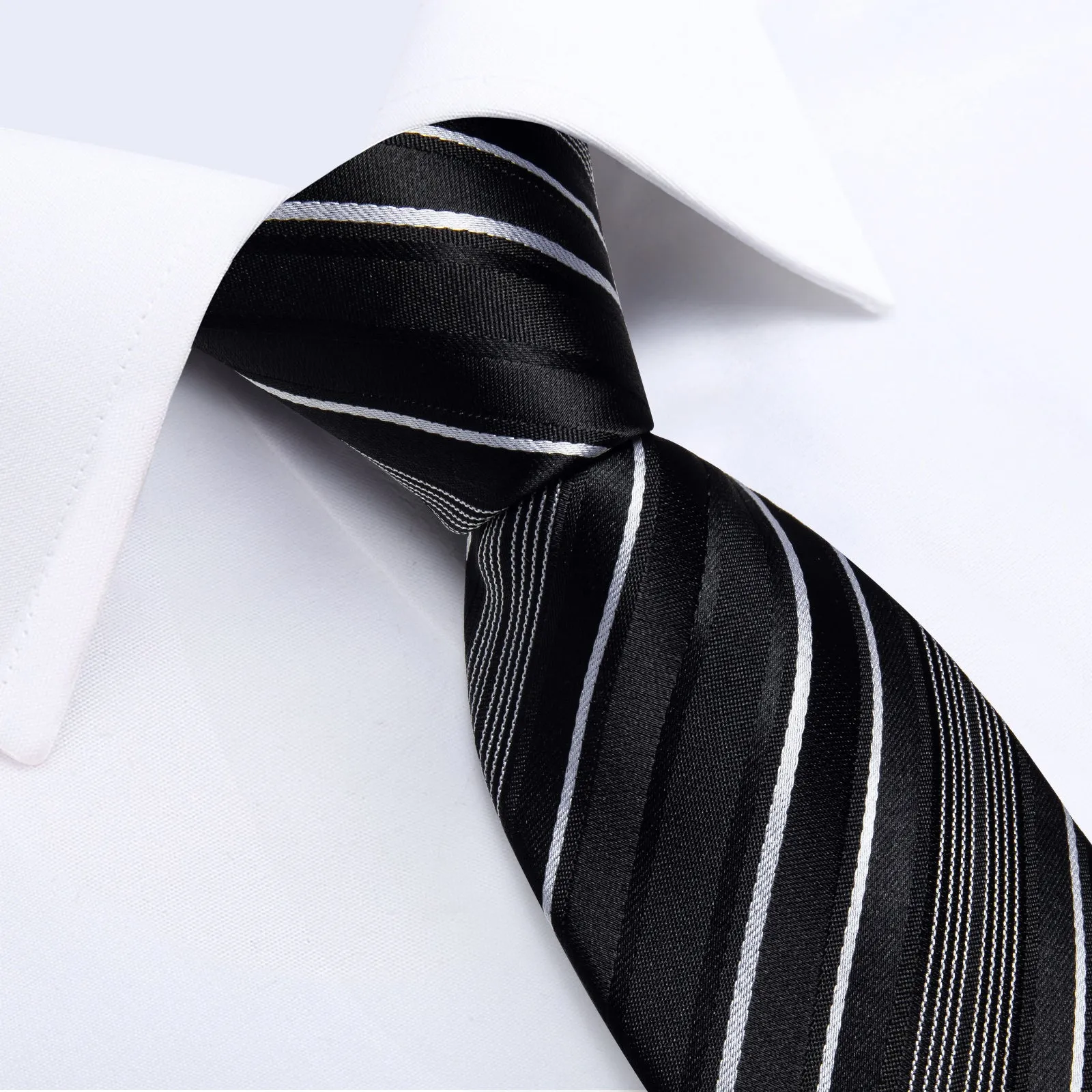 Black White Striped Silk Fabric Tie Hanky Cufflinks Set sold by Ties2You product image thumbnail 5