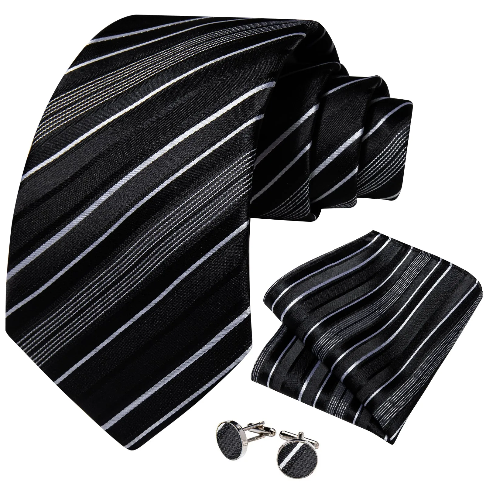 Black White Striped Silk Fabric Tie Hanky Cufflinks Set sold by Ties2You product image thumbnail 2
