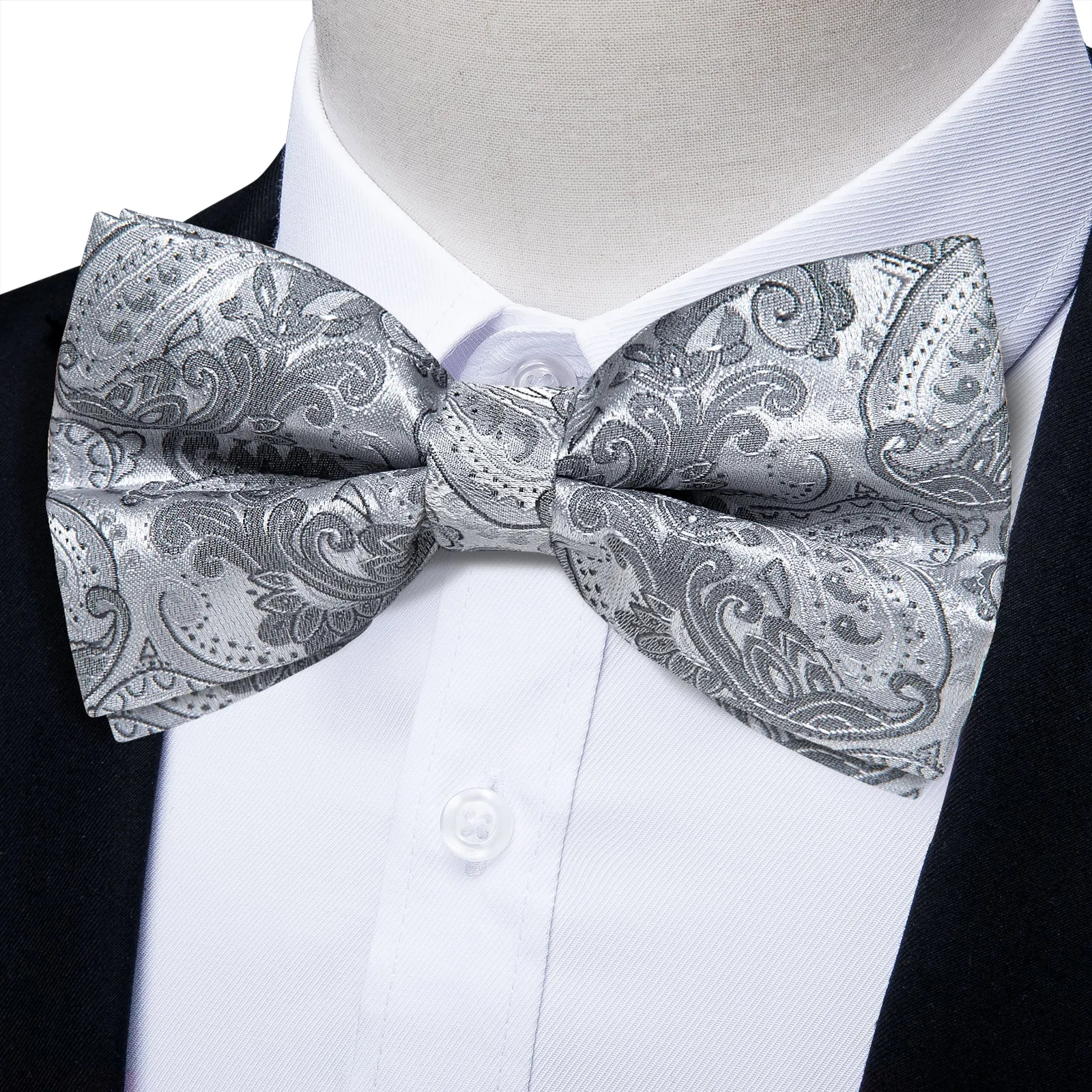 Silver Grey Paisley Men's Pre-tied Bowtie Pocket Square Cufflinks Set sold by Ties2You product image thumbnail 4