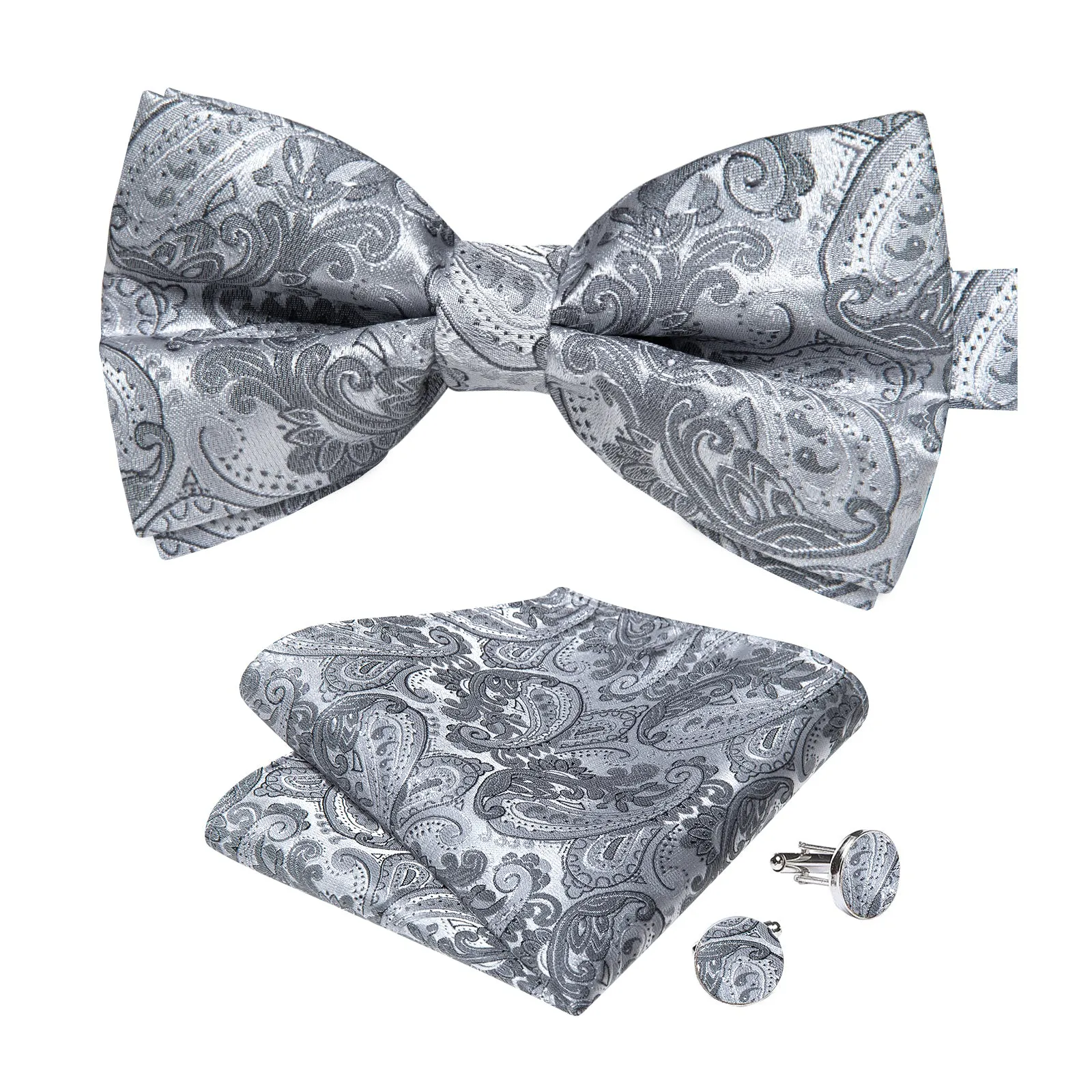 Silver Grey Paisley Men's Pre-tied Bowtie Pocket Square Cufflinks Set sold by Ties2You product image thumbnail 2
