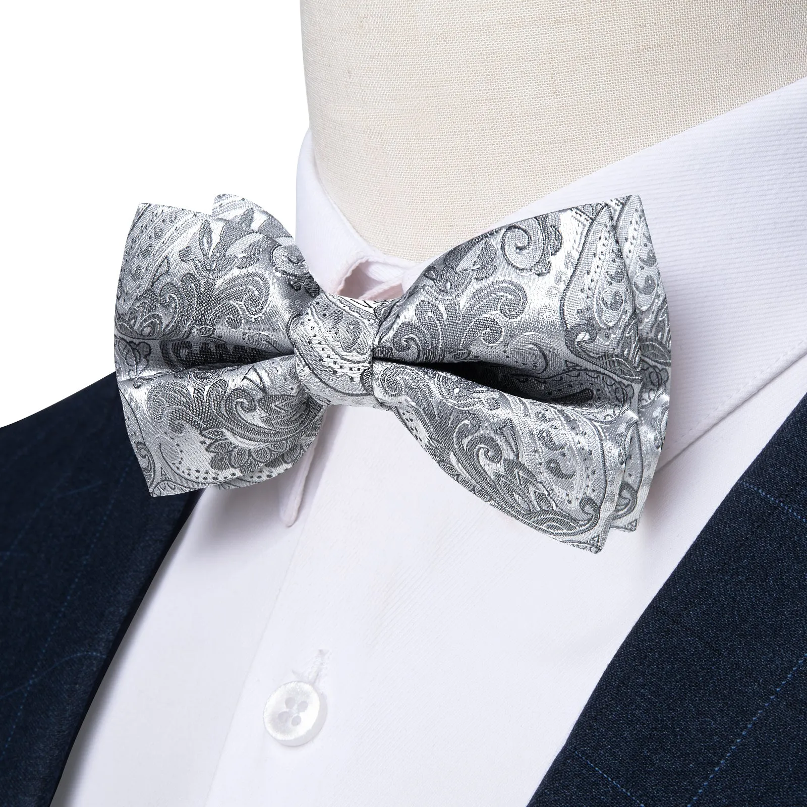 Silver Grey Paisley Men's Pre-tied Bowtie Pocket Square Cufflinks Set sold by Ties2You product image thumbnail 3