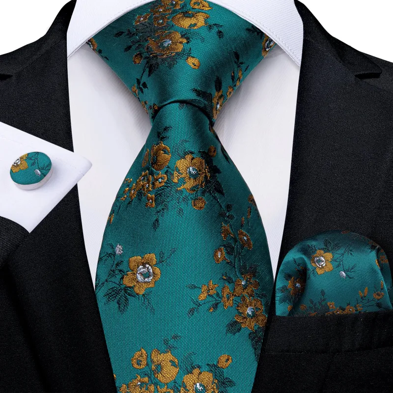 Retro Lake Green Floral Necktie Pocket Square Cufflinks Set sold by Ties2You