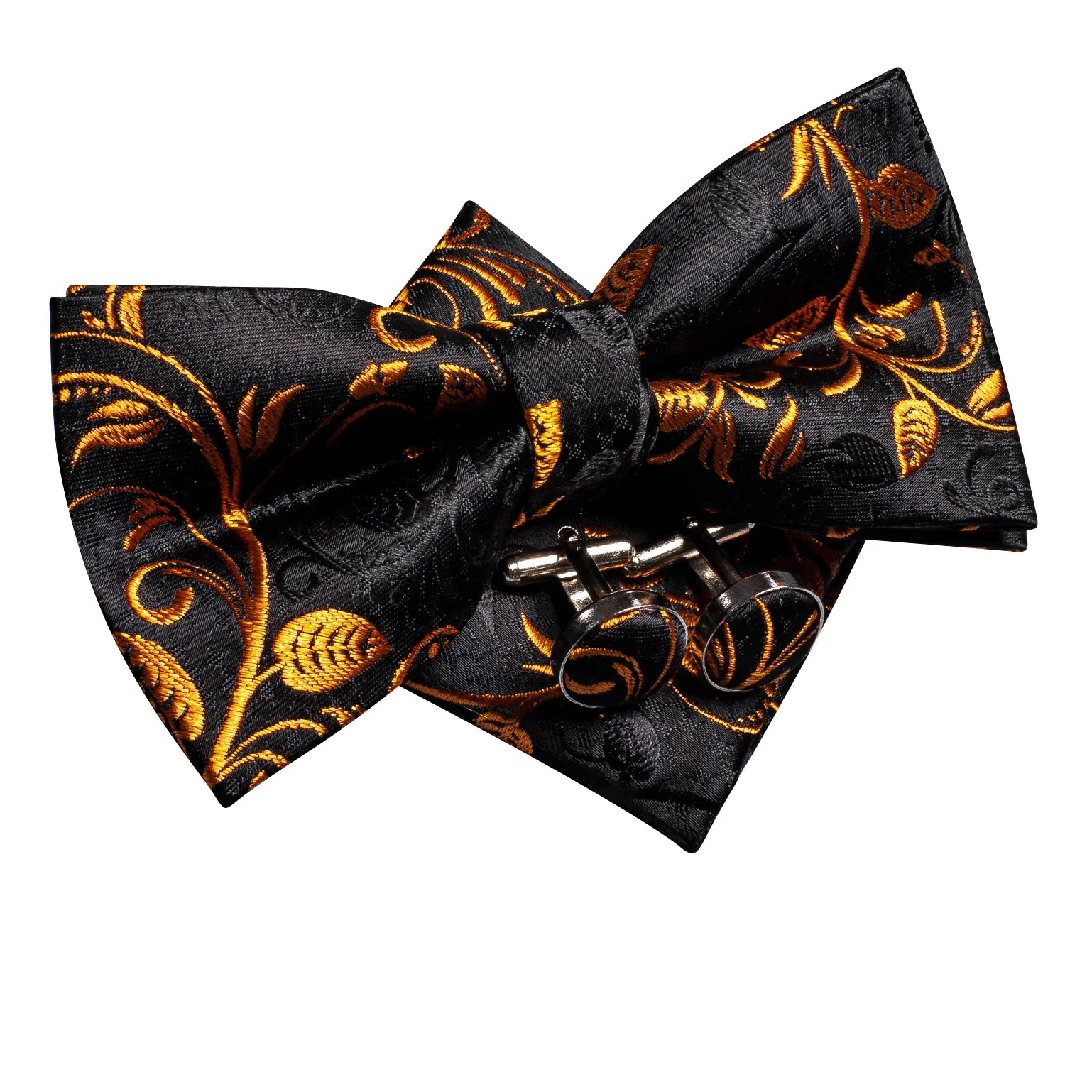 Black Golden Floral Pre-tied Bow Tie Pocket Square Cufflinks Set sold by Ties2You product image thumbnail 2