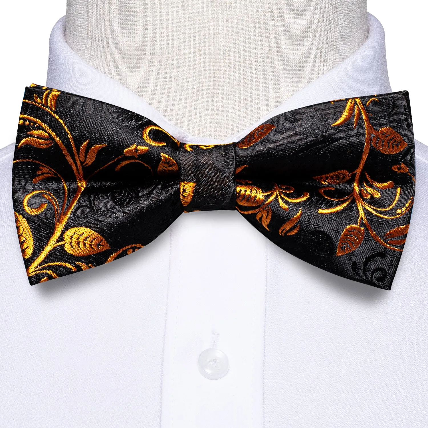 Black Golden Floral Pre-tied Bow Tie Pocket Square Cufflinks Set sold by Ties2You product image thumbnail 3