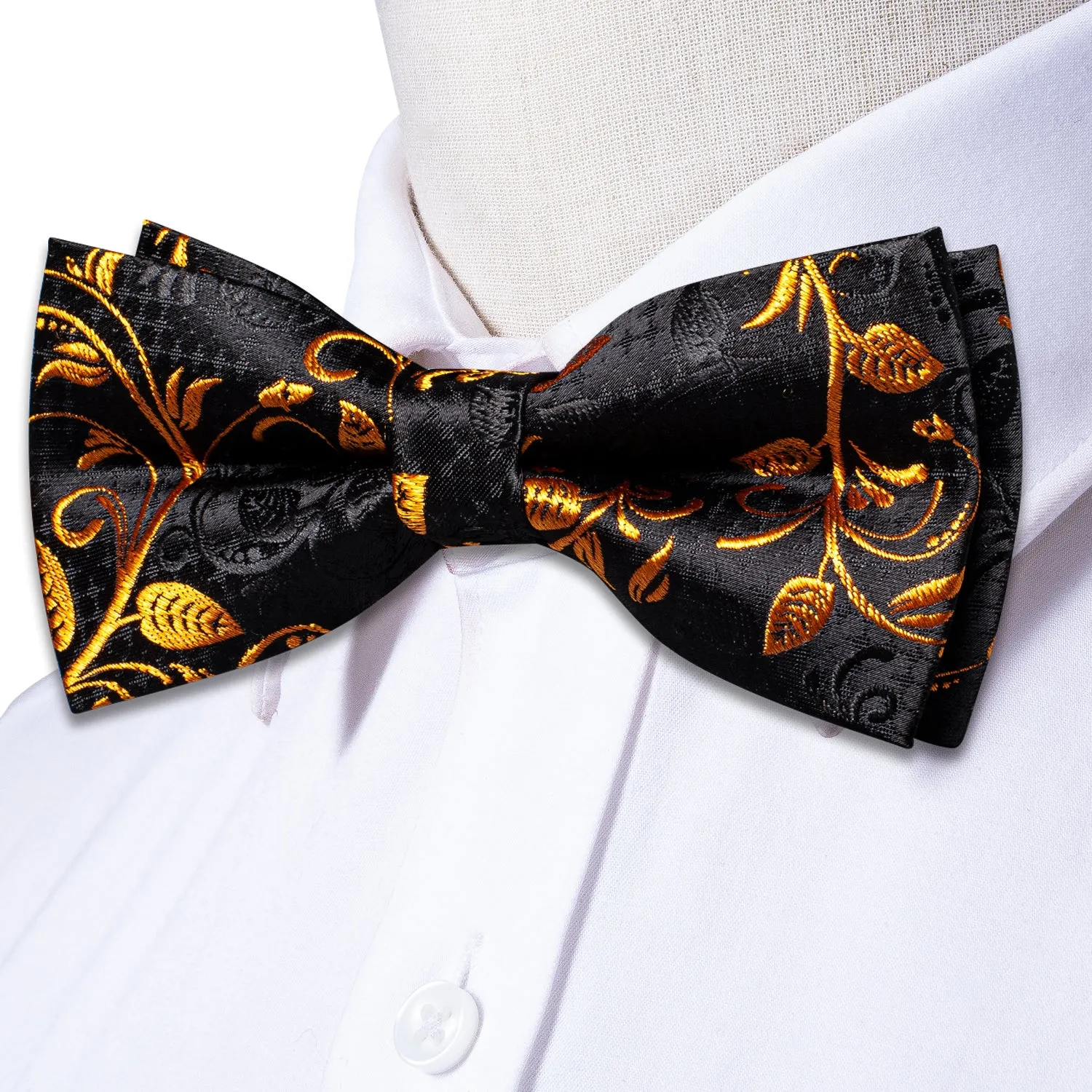 Black Golden Floral Pre-tied Bow Tie Pocket Square Cufflinks Set sold by Ties2You product image thumbnail 4