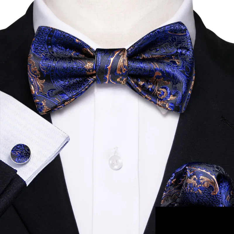 Royal Blue Paisley Self-tied Bow Tie Pocket Square Cufflinks Set sold by Ties2You