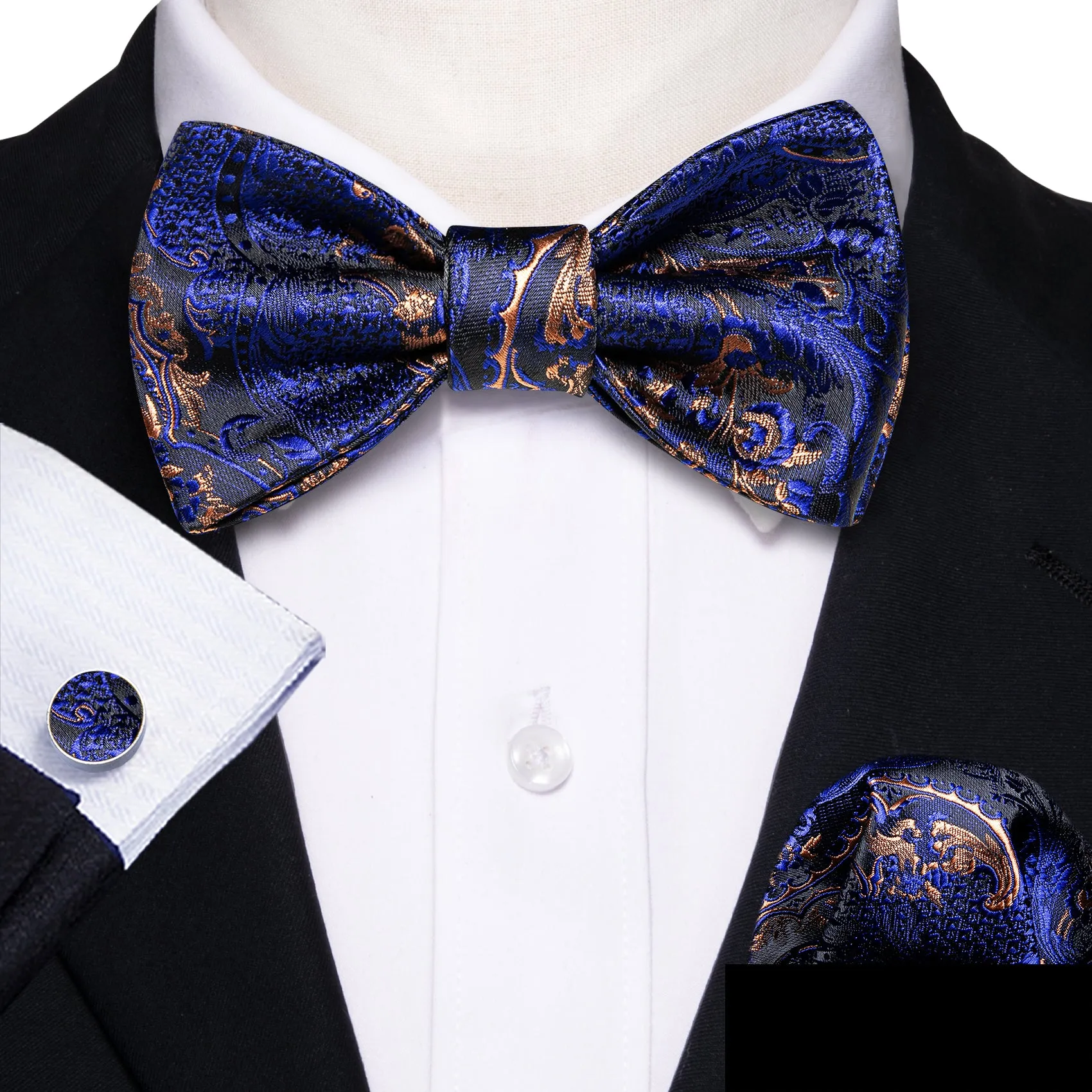 Royal Blue Paisley Self-tied Bow Tie Pocket Square Cufflinks Set sold by Ties2You