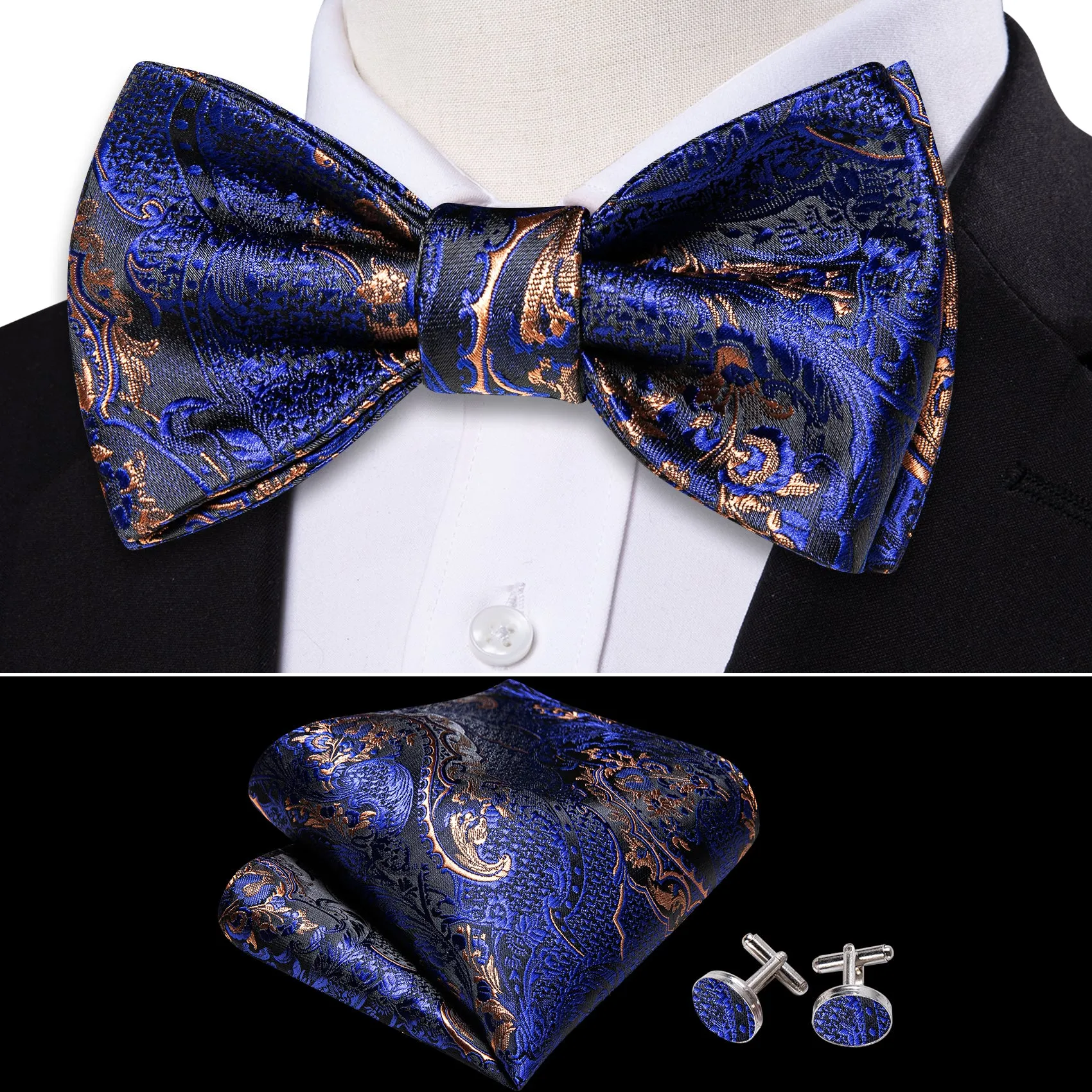 Royal Blue Paisley Self-tied Bow Tie Pocket Square Cufflinks Set sold by Ties2You product image thumbnail 2