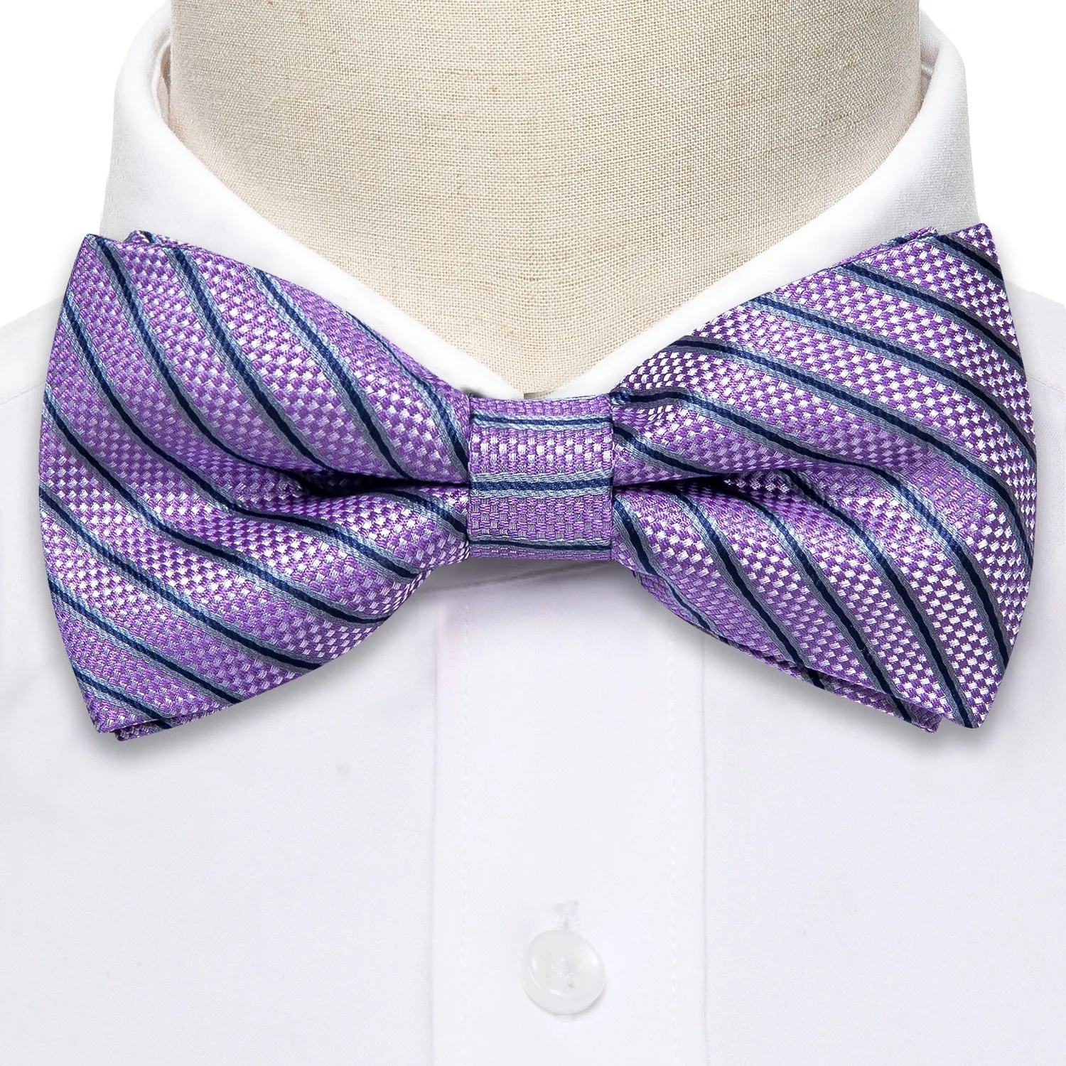 Purple Striped Men's Pre-tied Bowtie Pocket Square Cufflinks Set sold by Ties2You product image thumbnail 3